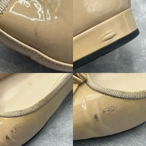 Prada Beige Black Leather Ballet Flats Slip On Size 39.5 Bow Accent Cap Toe